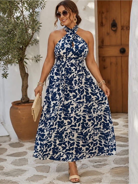 SHEIN Dresses & Skirts - SHEIN Cross Halter Neck Plant Pattern Maxi Dress EUC